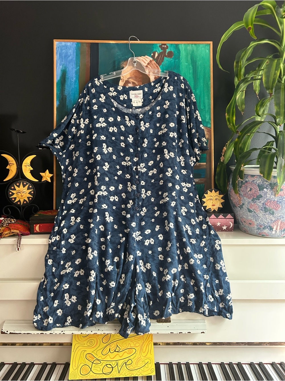 Vintage Cotton Ginny Plus Blue Floral Rayon Button Front Dress L Made Canada - Picture 15 of 15